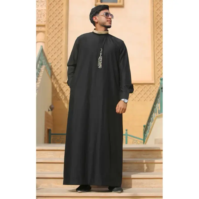 Men's Thobe Jubba Nehru Round Collar Islamic Clothing Muslim Kaftan Embroidery Eid Robe Saudi - Image 2