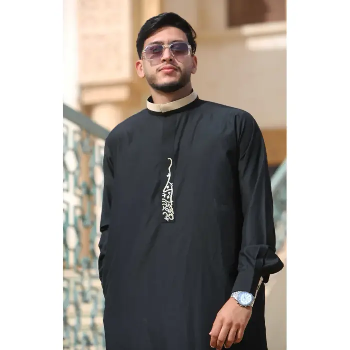 Men's Thobe Jubba Nehru Round Collar Islamic Clothing Muslim Kaftan Embroidery Eid Robe Saudi - Image 7