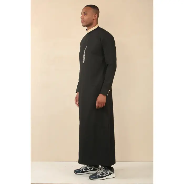 Men's Thobe Jubba Nehru Round Collar Islamic Clothing Muslim Kaftan Embroidery Eid Robe Saudi - Image 4
