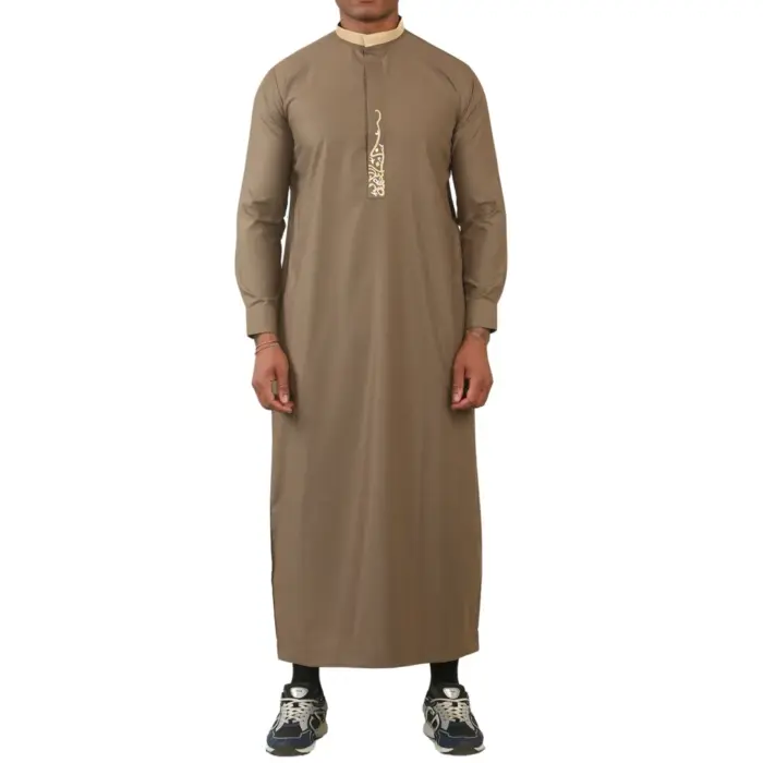 Men's Thobe Jubba Nehru Round Collar Islamic Clothing Muslim Kaftan Embroidery Eid Robe Saudi - Image 8