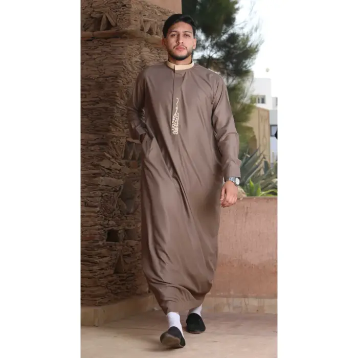 Men's Thobe Jubba Nehru Round Collar Islamic Clothing Muslim Kaftan Embroidery Eid Robe Saudi - Image 14