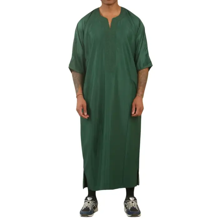 Men's Moroccan Thobe Gandoura Short Sleeve Jubba Kaftan Eid Robe Arab Embroidery - Image 1