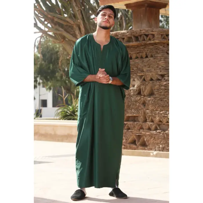 Men's Moroccan Thobe Gandoura Short Sleeve Jubba Kaftan Eid Robe Arab Embroidery - Image 2