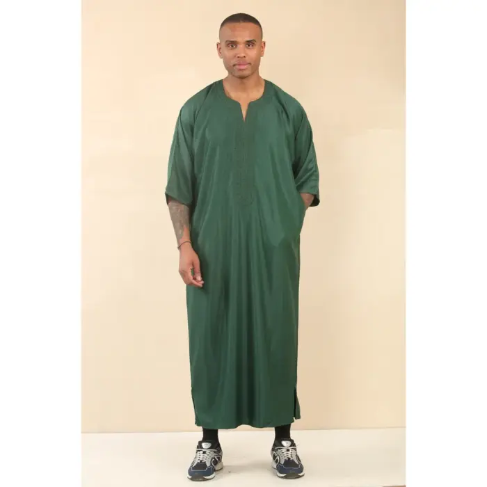 Men's Moroccan Thobe Gandoura Short Sleeve Jubba Kaftan Eid Robe Arab Embroidery - Image 5