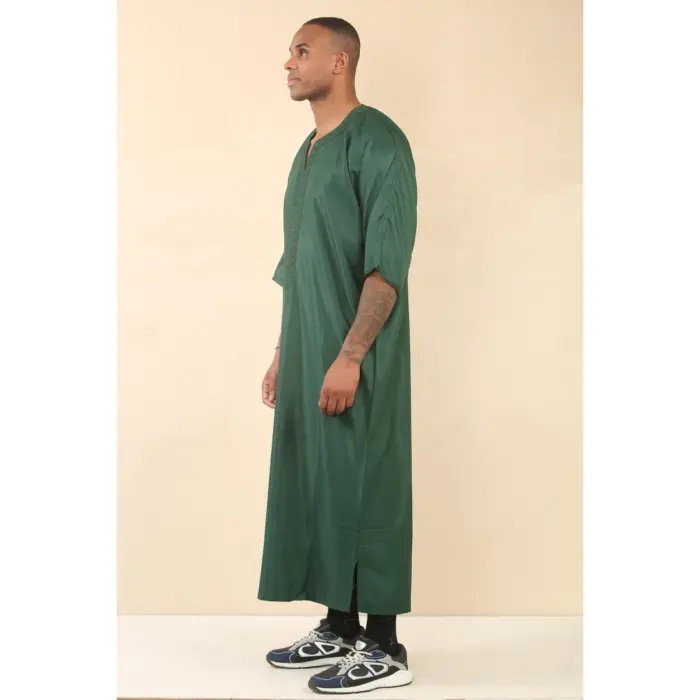 Men's Moroccan Thobe Gandoura Short Sleeve Jubba Kaftan Eid Robe Arab Embroidery - Image 4