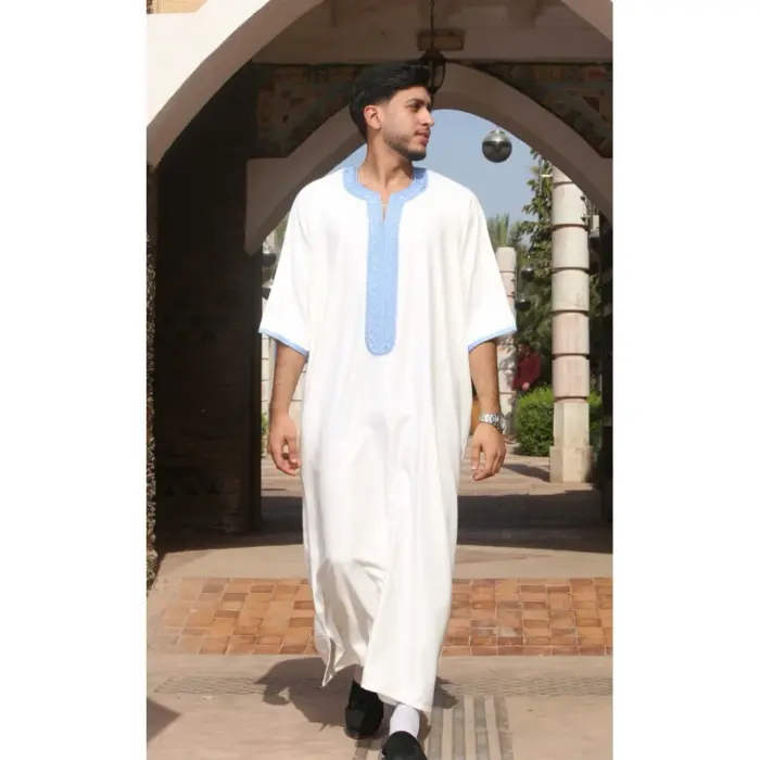 Men's Moroccan Thobe Gandoura Short Sleeve Jubba Kaftan Eid Robe Arab Embroidery - Image 14