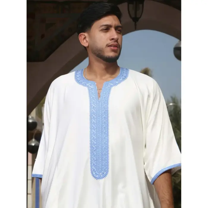 Men's Moroccan Thobe Gandoura Short Sleeve Jubba Kaftan Eid Robe Arab Embroidery - Image 13