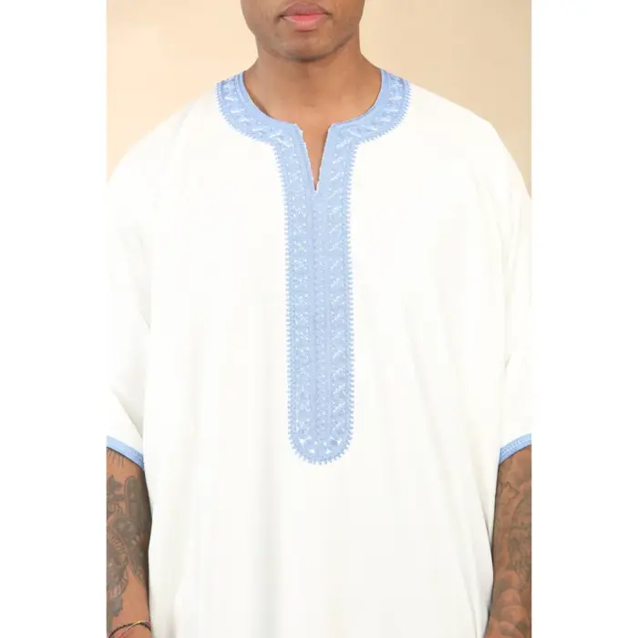 Men's Moroccan Thobe Gandoura Short Sleeve Jubba Kaftan Eid Robe Arab Embroidery - Image 12