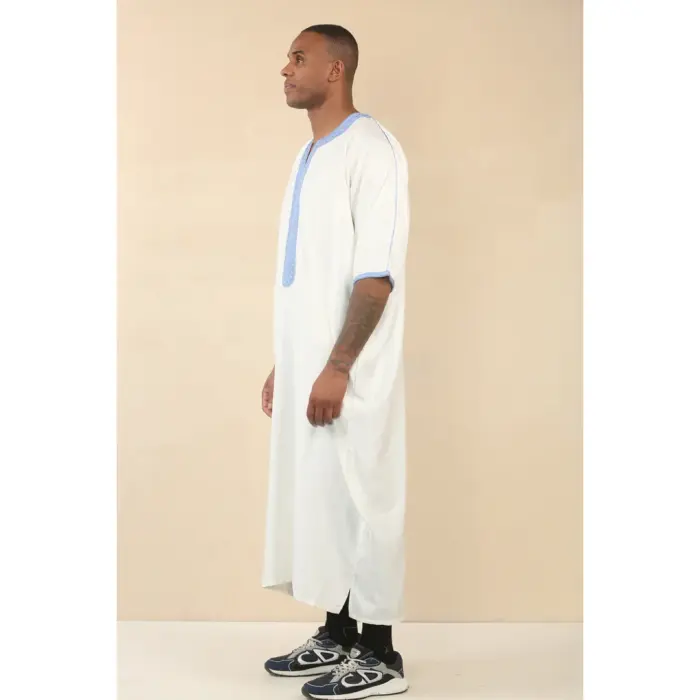 Men's Moroccan Thobe Gandoura Short Sleeve Jubba Kaftan Eid Robe Arab Embroidery - Image 10