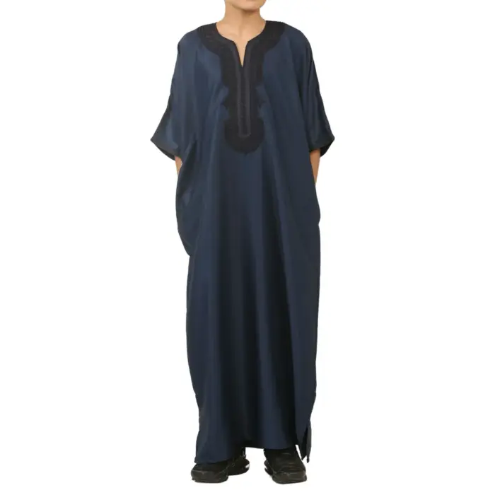 Boys Moroccan Thobe Gandoura Short Sleeve Jubba Islamic Clothing Kaftan Eid Robe Arab Embroidery - Image 1