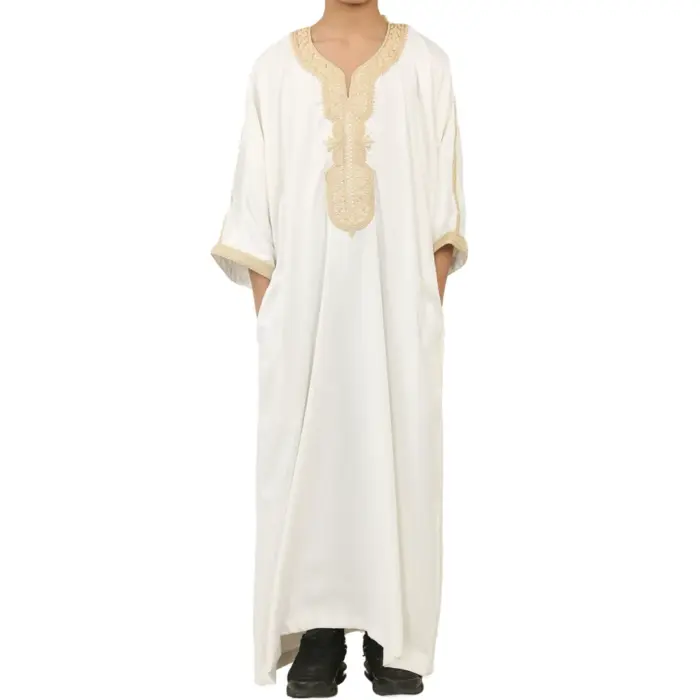 Boys Moroccan Thobe Gandoura Short Sleeve Jubba Islamic Clothing Kaftan Eid Robe Arab Embroidery - Image 8