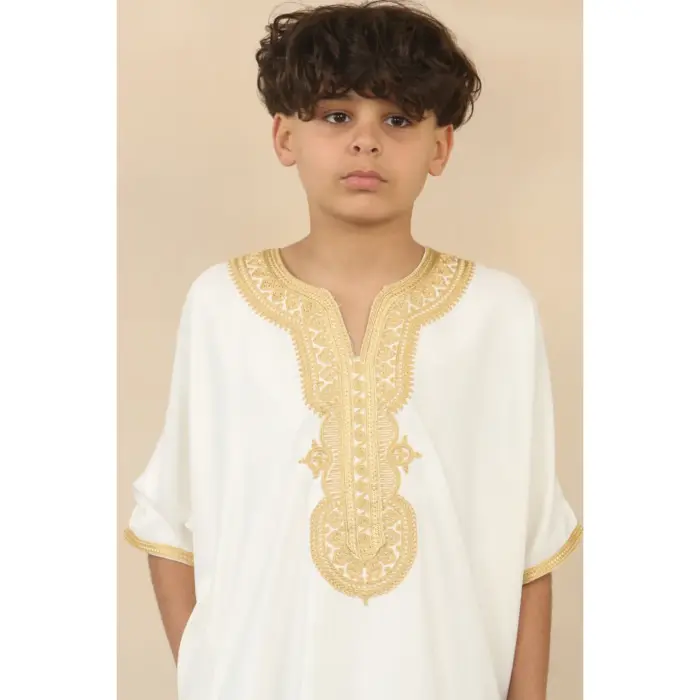 Boys Moroccan Thobe Gandoura Short Sleeve Jubba Islamic Clothing Kaftan Eid Robe Arab Embroidery - Image 14