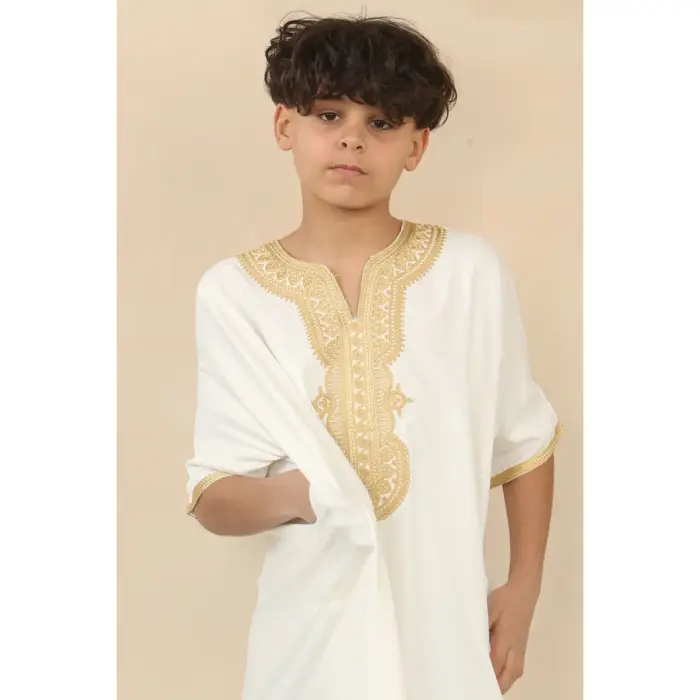 Boys Moroccan Thobe Gandoura Short Sleeve Jubba Islamic Clothing Kaftan Eid Robe Arab Embroidery - Image 13