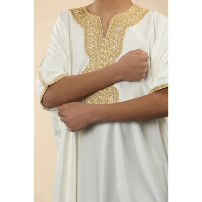 Boys Moroccan Thobe Gandoura Short Sleeve Jubba Islamic Clothing Kaftan Eid Robe Arab Embroidery - Image 12