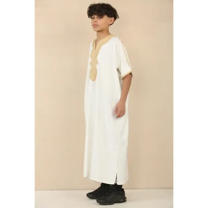 Boys Moroccan Thobe Gandoura Short Sleeve Jubba Islamic Clothing Kaftan Eid Robe Arab Embroidery - Image 10