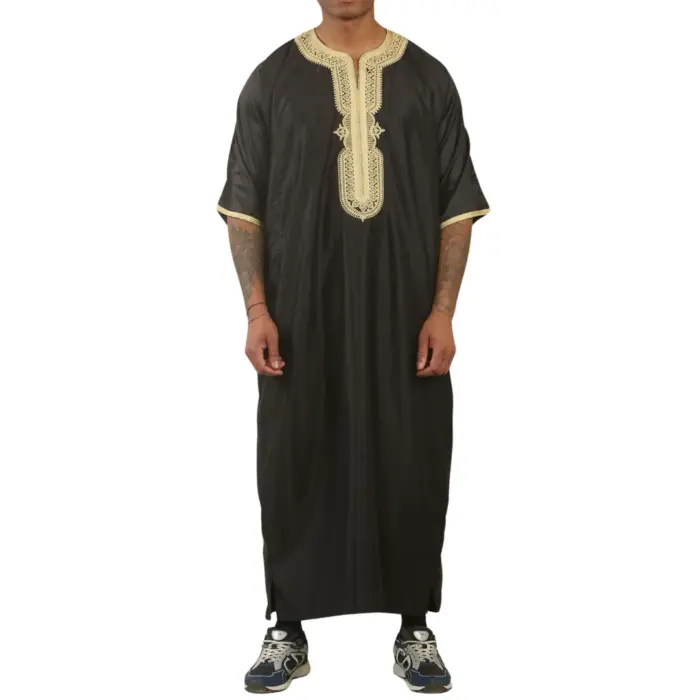 Men's Moroccan Thobe Gandoura Short Sleeve Jubba Islamic Clothing Kaftan Eid Robe Arab Embroidery - Image 8