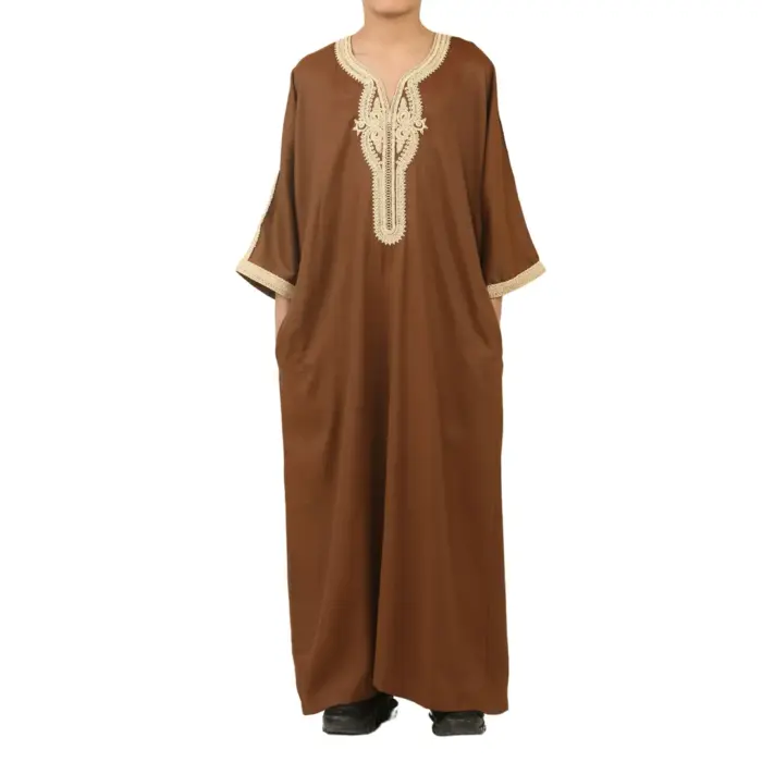 Boys Moroccan Thobe Short Sleeve Gandoura Embroidery Kaftan - Image 1