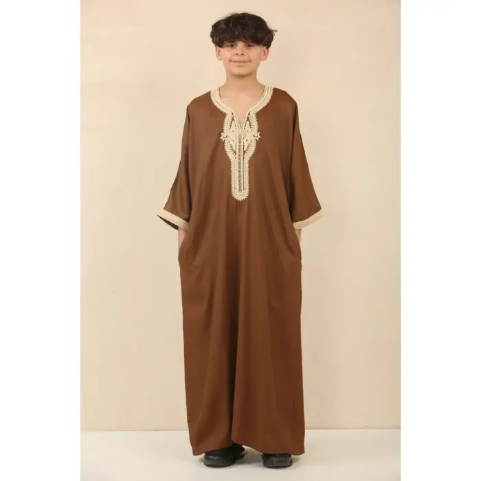 Boys Moroccan Thobe Short Sleeve Gandoura Embroidery Kaftan - Image 2