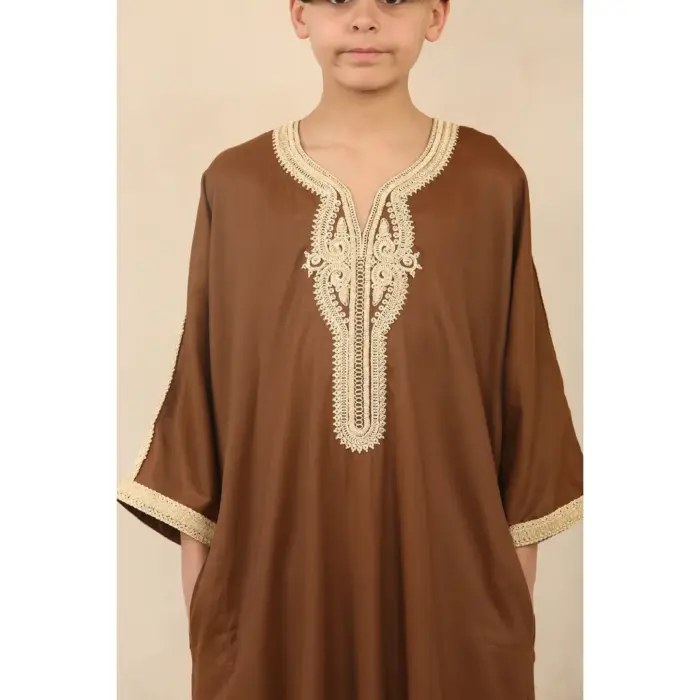 Boys Moroccan Thobe Short Sleeve Gandoura Embroidery Kaftan - Image 7