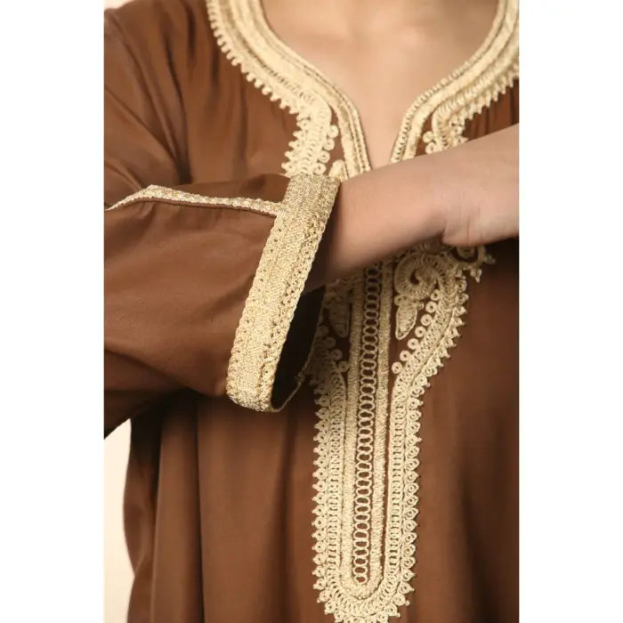 Boys Moroccan Thobe Short Sleeve Gandoura Embroidery Kaftan - Image 5