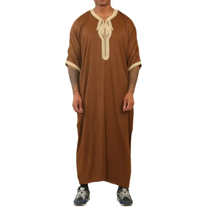 Men's Moroccan Thobe Short Sleeve Gandoura Embroidery Kaftan - Image 1