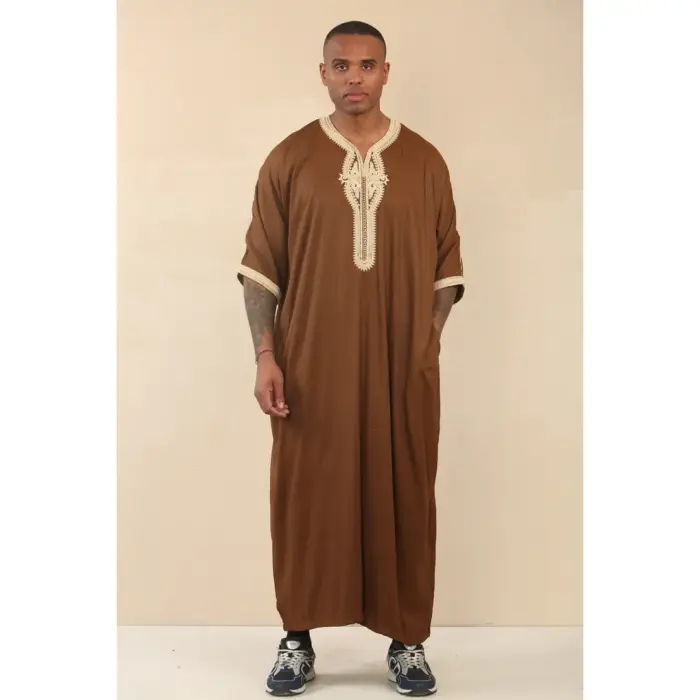 Men's Moroccan Thobe Short Sleeve Gandoura Embroidery Kaftan - Image 5