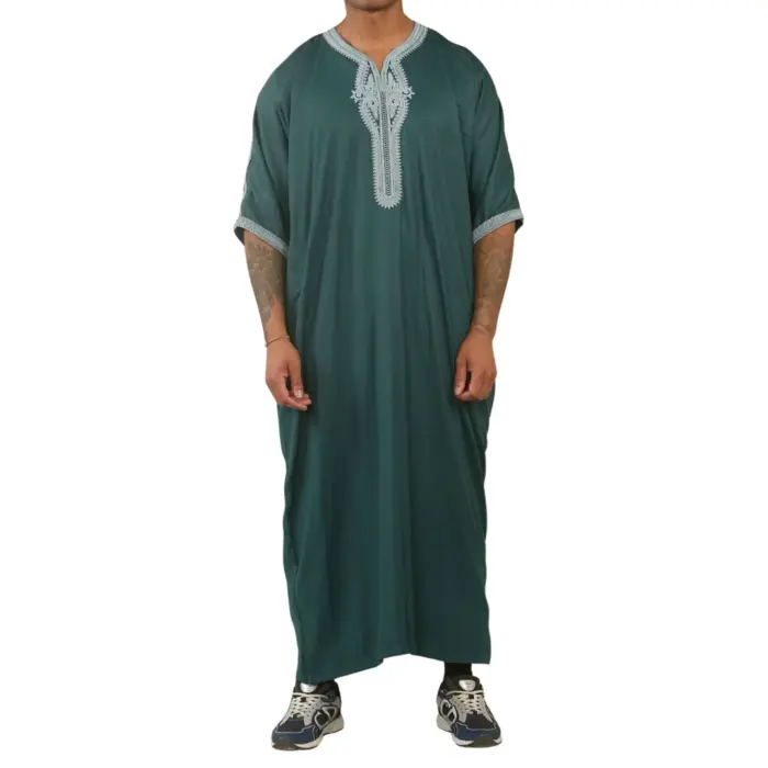 Men's Moroccan Thobe Short Sleeve Gandoura Embroidery Kaftan - Image 8