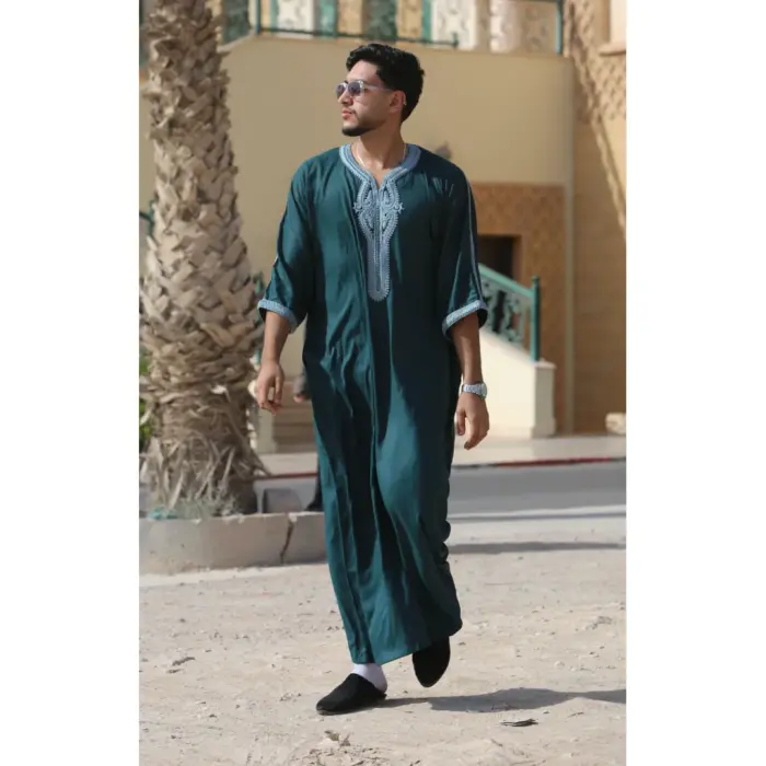 Men's Moroccan Thobe Short Sleeve Gandoura Embroidery Kaftan - Image 14