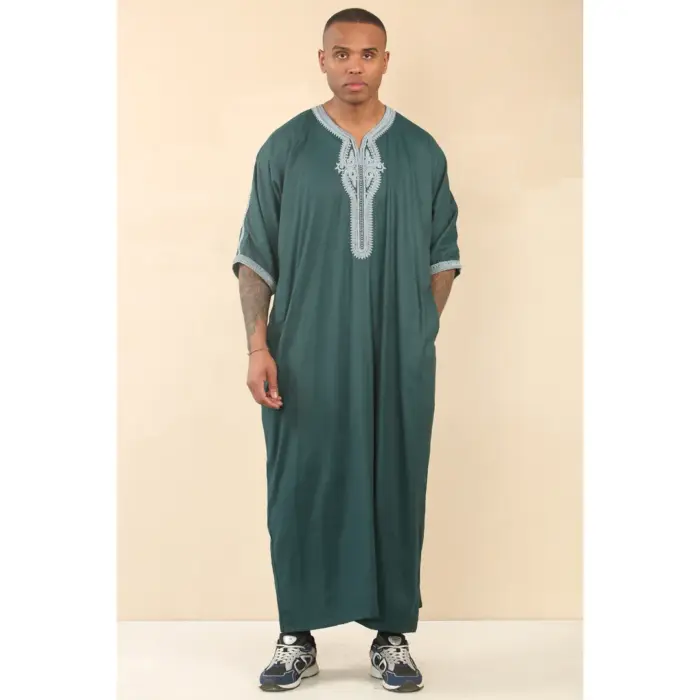 Men's Moroccan Thobe Short Sleeve Gandoura Embroidery Kaftan - Image 13