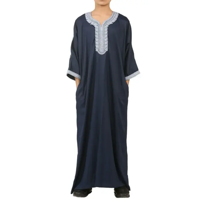 Boys Navy Moroccan Thobe Short Sleeve Gandoura Blue Embroidery Kaftan - Image 1