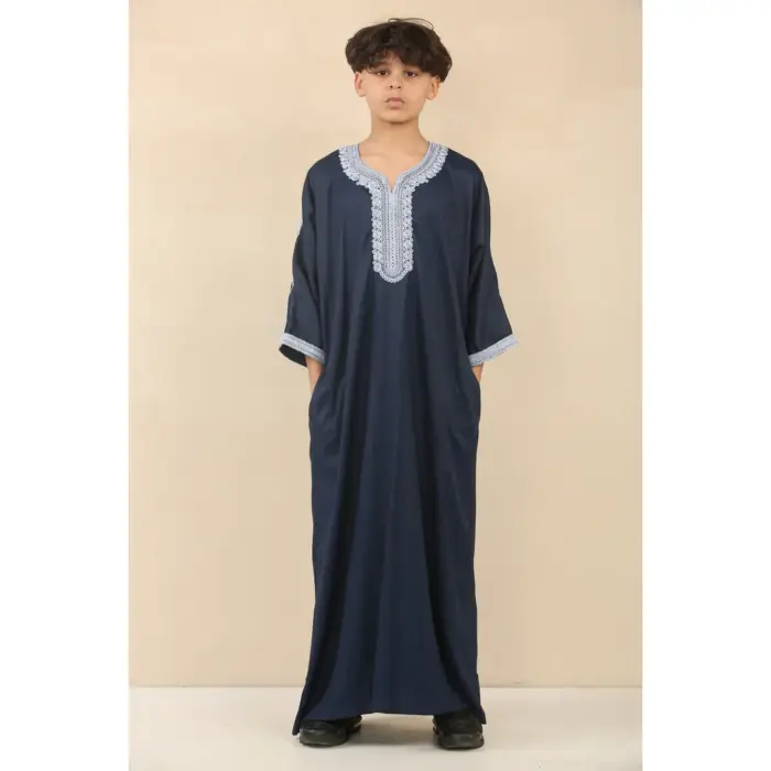 Boys Navy Moroccan Thobe Short Sleeve Gandoura Blue Embroidery Kaftan - Image 2
