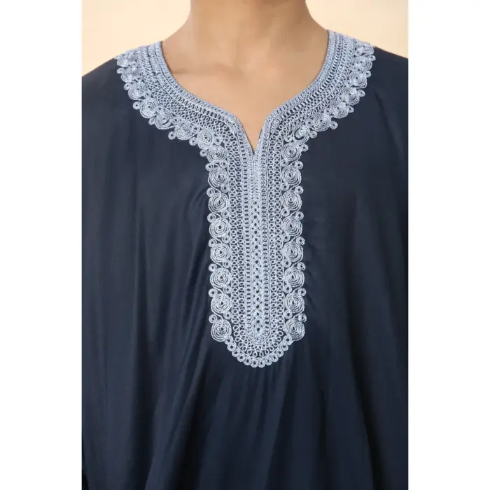 Boys Navy Moroccan Thobe Short Sleeve Gandoura Blue Embroidery Kaftan - Image 7