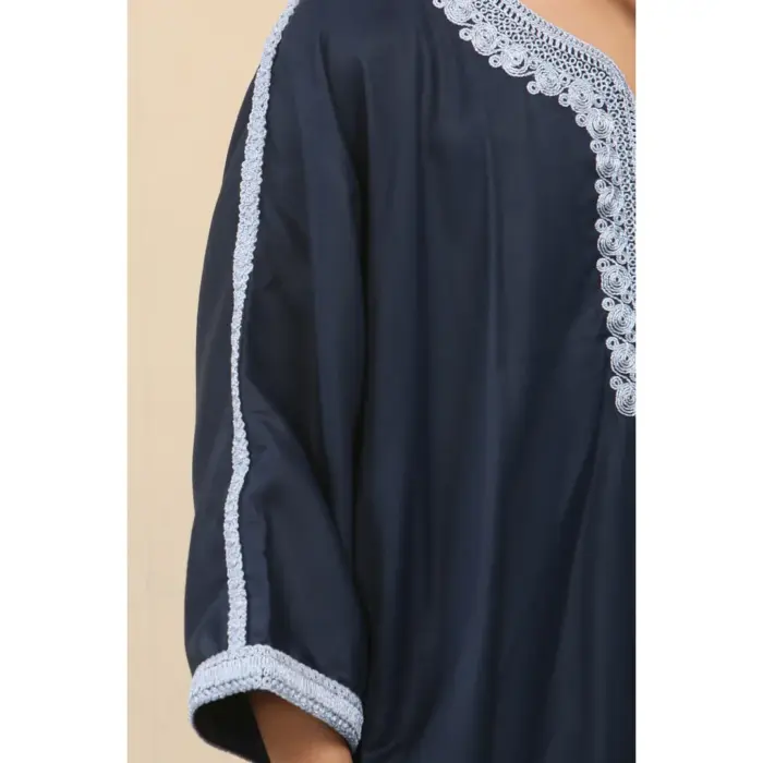 Boys Navy Moroccan Thobe Short Sleeve Gandoura Blue Embroidery Kaftan - Image 6