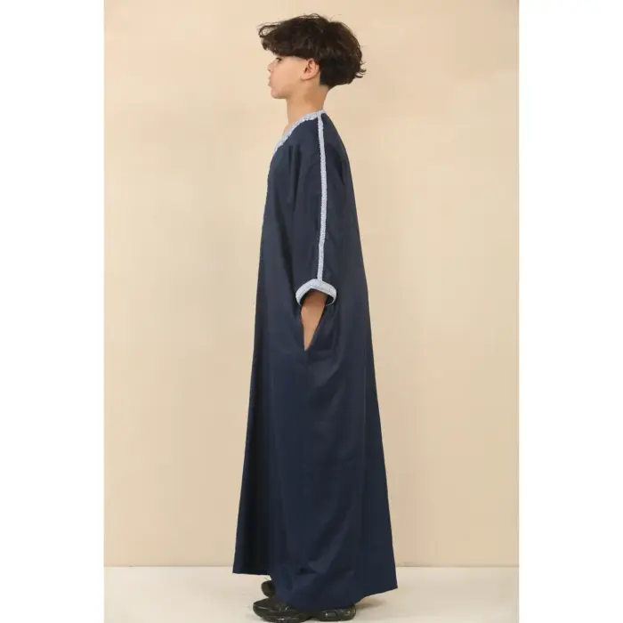Boys Navy Moroccan Thobe Short Sleeve Gandoura Blue Embroidery Kaftan - Image 4