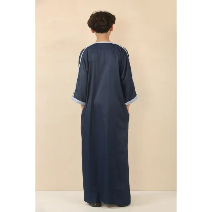 Boys Navy Moroccan Thobe Short Sleeve Gandoura Blue Embroidery Kaftan - Image 3