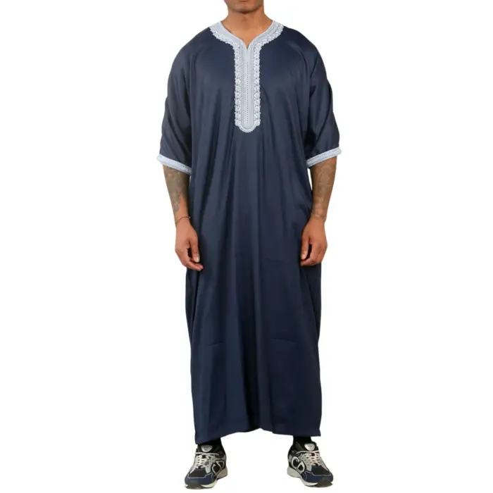 Men's Navy Moroccan Thobe Short Sleeve Gandoura Blue Embroidery Kaftan - Image 1