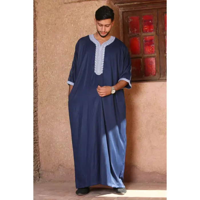 Men's Navy Moroccan Thobe Short Sleeve Gandoura Blue Embroidery Kaftan - Image 2