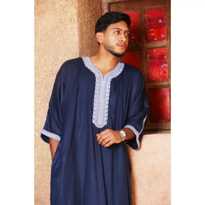 Men's Navy Moroccan Thobe Short Sleeve Gandoura Blue Embroidery Kaftan - Image 7