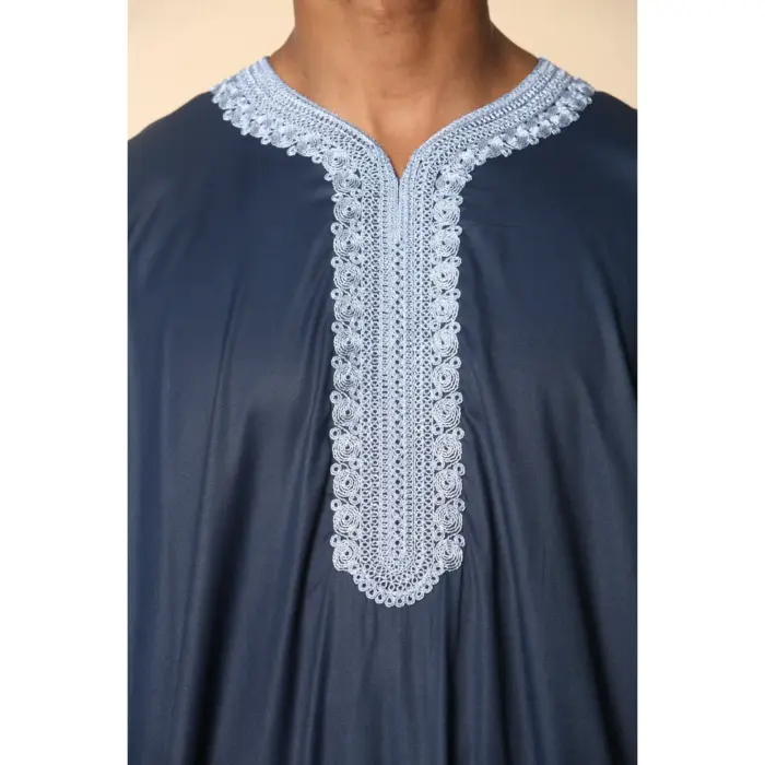 Men's Navy Moroccan Thobe Short Sleeve Gandoura Blue Embroidery Kaftan - Image 6