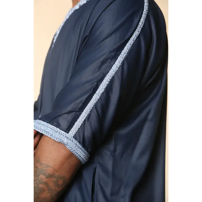 Men's Navy Moroccan Thobe Short Sleeve Gandoura Blue Embroidery Kaftan - Image 5
