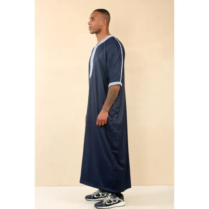 Men's Navy Moroccan Thobe Short Sleeve Gandoura Blue Embroidery Kaftan - Image 4