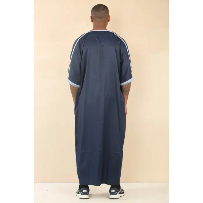 Men's Navy Moroccan Thobe Short Sleeve Gandoura Blue Embroidery Kaftan - Image 3