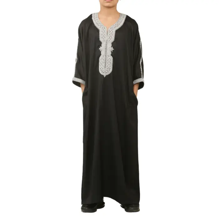 Boys Moroccan Thobe Short Sleeve Gandoura Embroidery Kaftan Jubba - Image 1