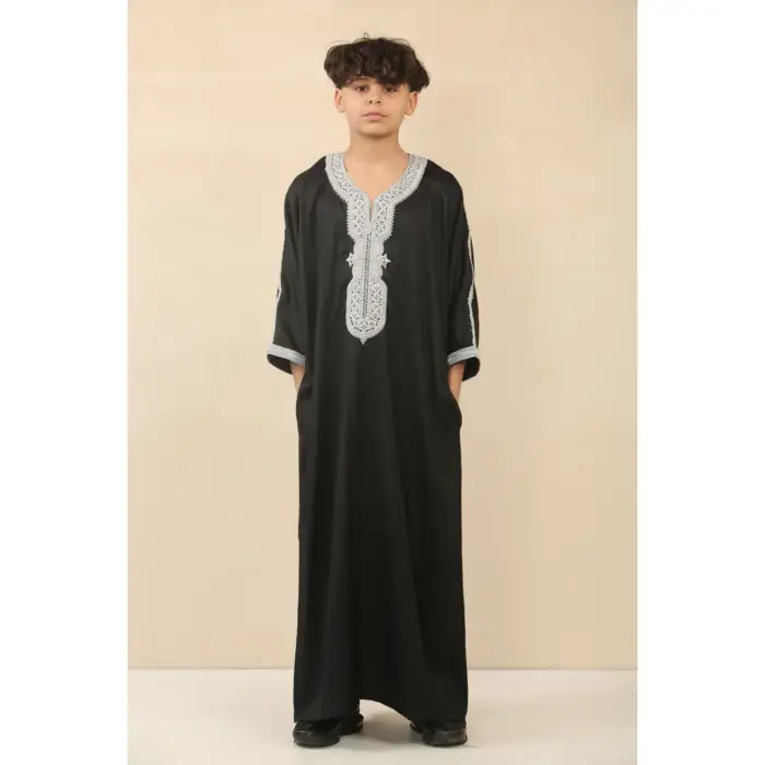 Boys Moroccan Thobe Short Sleeve Gandoura Embroidery Kaftan Jubba - Image 2