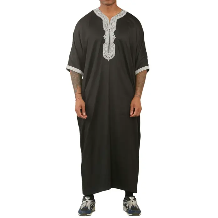 Men's Moroccan Thobe Short Sleeve Gandoura Embroidery Kaftan Jubba - Image 1