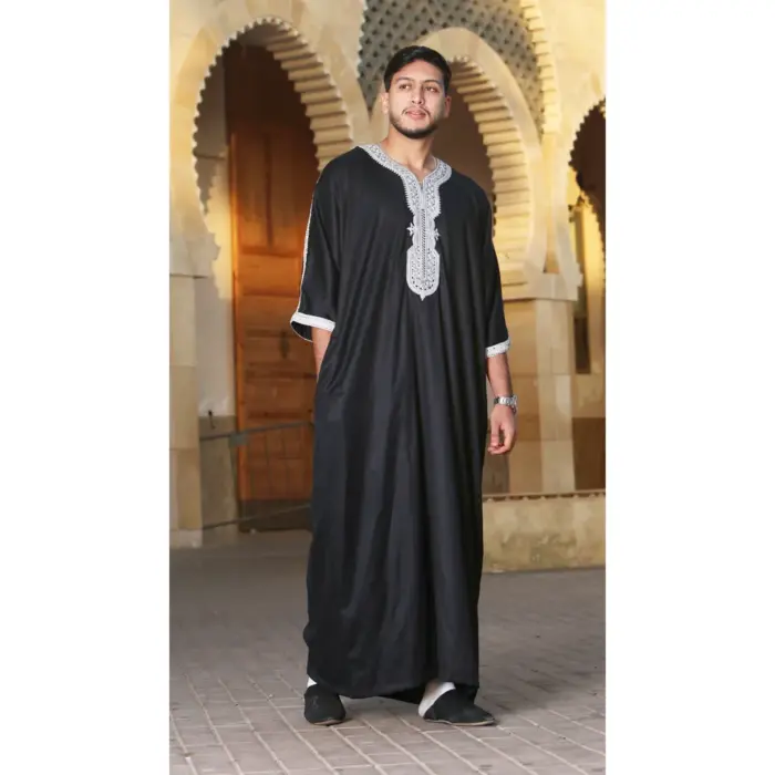 Men's Moroccan Thobe Short Sleeve Gandoura Embroidery Kaftan Jubba - Image 2