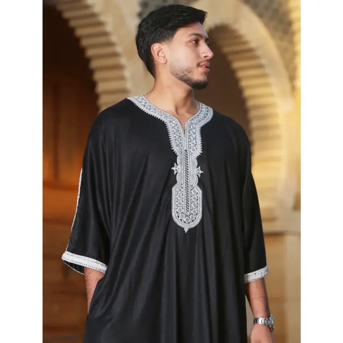 Men's Moroccan Thobe Short Sleeve Gandoura Embroidery Kaftan Jubba - Image 7