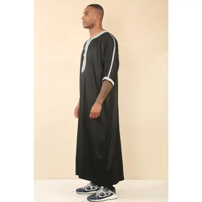 Men's Moroccan Thobe Short Sleeve Gandoura Embroidery Kaftan Jubba - Image 4