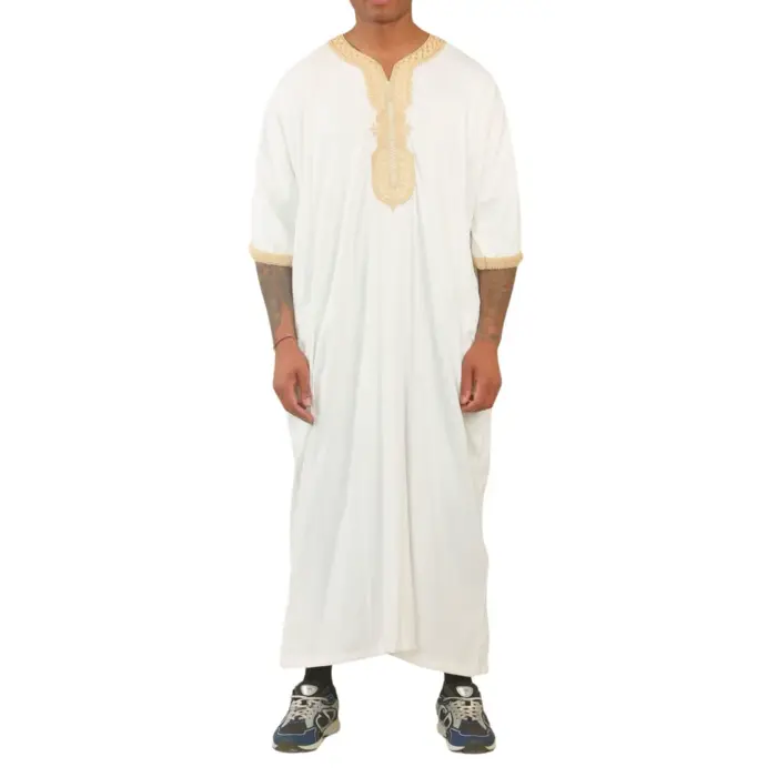 Men's Moroccan Thobe Short Sleeve Gandoura Embroidery Kaftan Jubba - Image 8