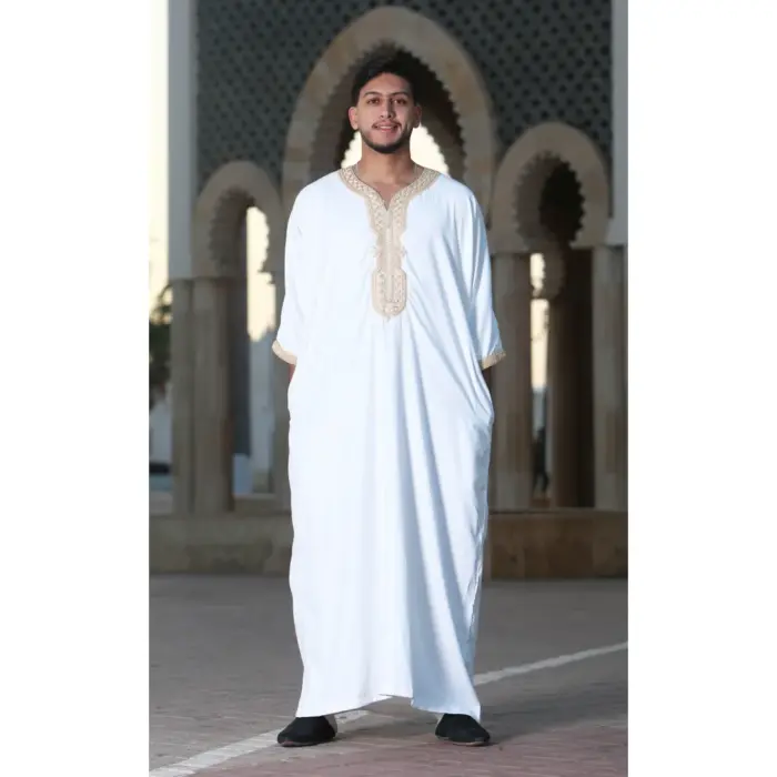 Men's Moroccan Thobe Short Sleeve Gandoura Embroidery Kaftan Jubba - Image 14